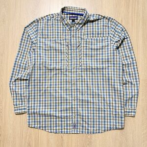 Patagonia Cotton Long Sleeve Plaid Buttonup Fishing Shirt Mens Large Blue Beige